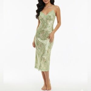 NWT Gold Hawk Sage Floral Silk Lace Trim Slip Midi Dress Size M